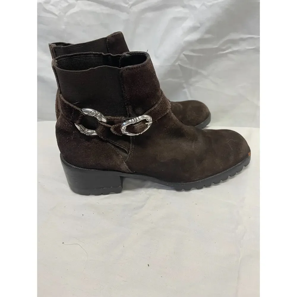 Brighton Women's Ankle Boots Size 7M Brown Suede Silver-Tone Buckles Pre-owned